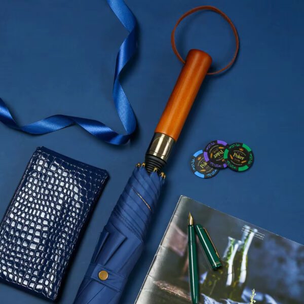 wooden handle umbrella blue